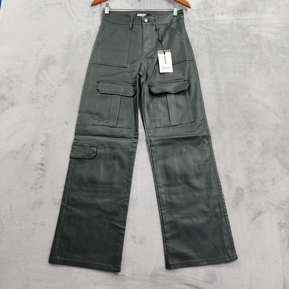 NEW Legend Pants Womens S Green Faux Leather Wide Leg Cargo Utility Stretch